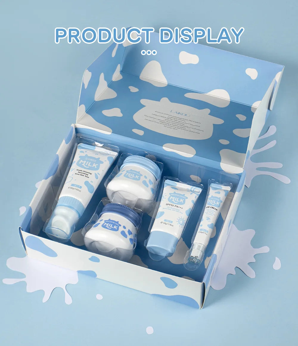 5pcs/box LAIKOU Milk Skin Care Sets Sunscreen Facial Cleanser Face Moisturizing Creams Eye Cream Repairing Smoothing Face Care