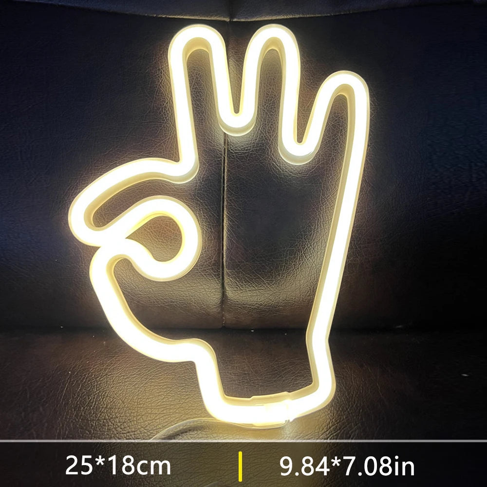 Peace Hand LED Neon Sign Win Victory Gesture Finger Night Lamp OK Neon Lights Bedroom Living Room Wall Home Office Decor