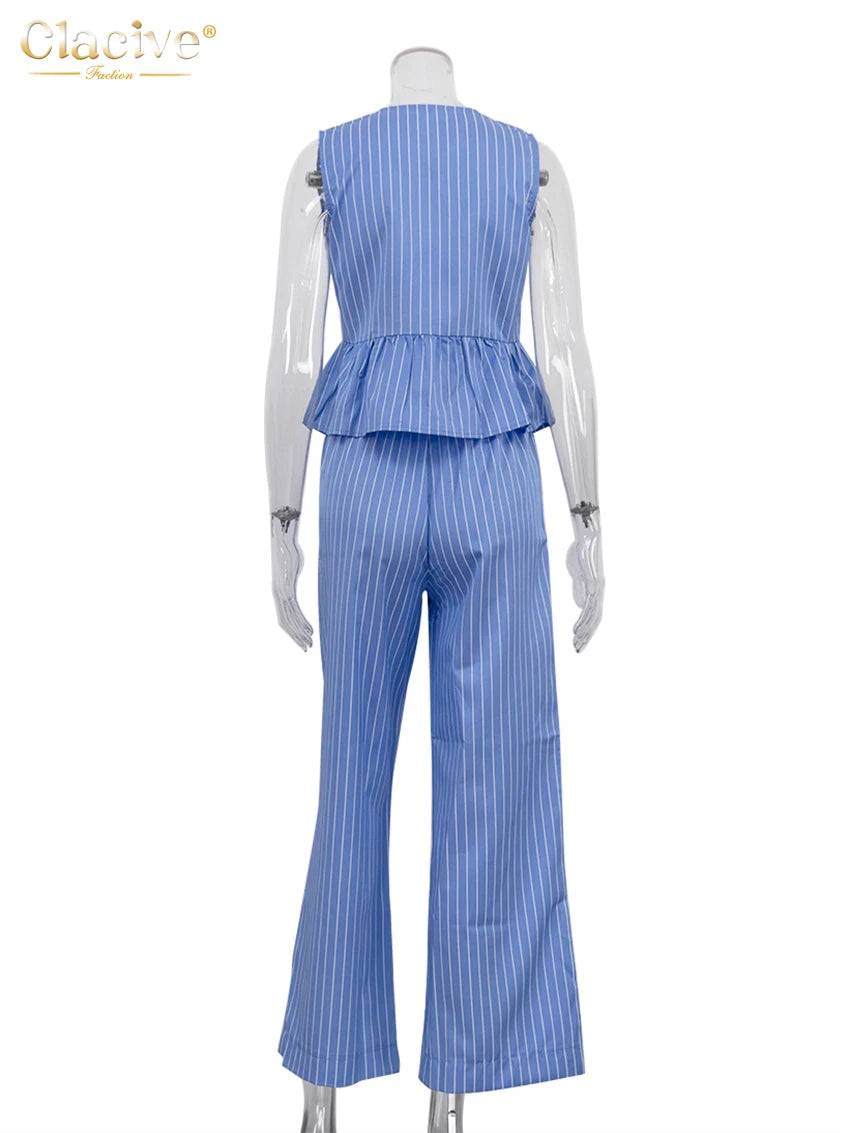 Clacive Summer Loose Blue Stripe 2 Piece Set Woman Outfit 2025 Fashion Sleeveless Tank Top With High Waist Wide Pants Set Female