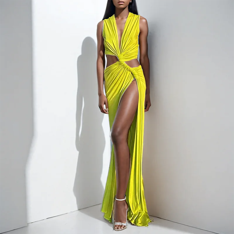 DEAT Spring New Arrival Fashion Hollow Out Sleeveless Dresses For Women Trendy Split V-neck Irregular Dress Female 11A03623