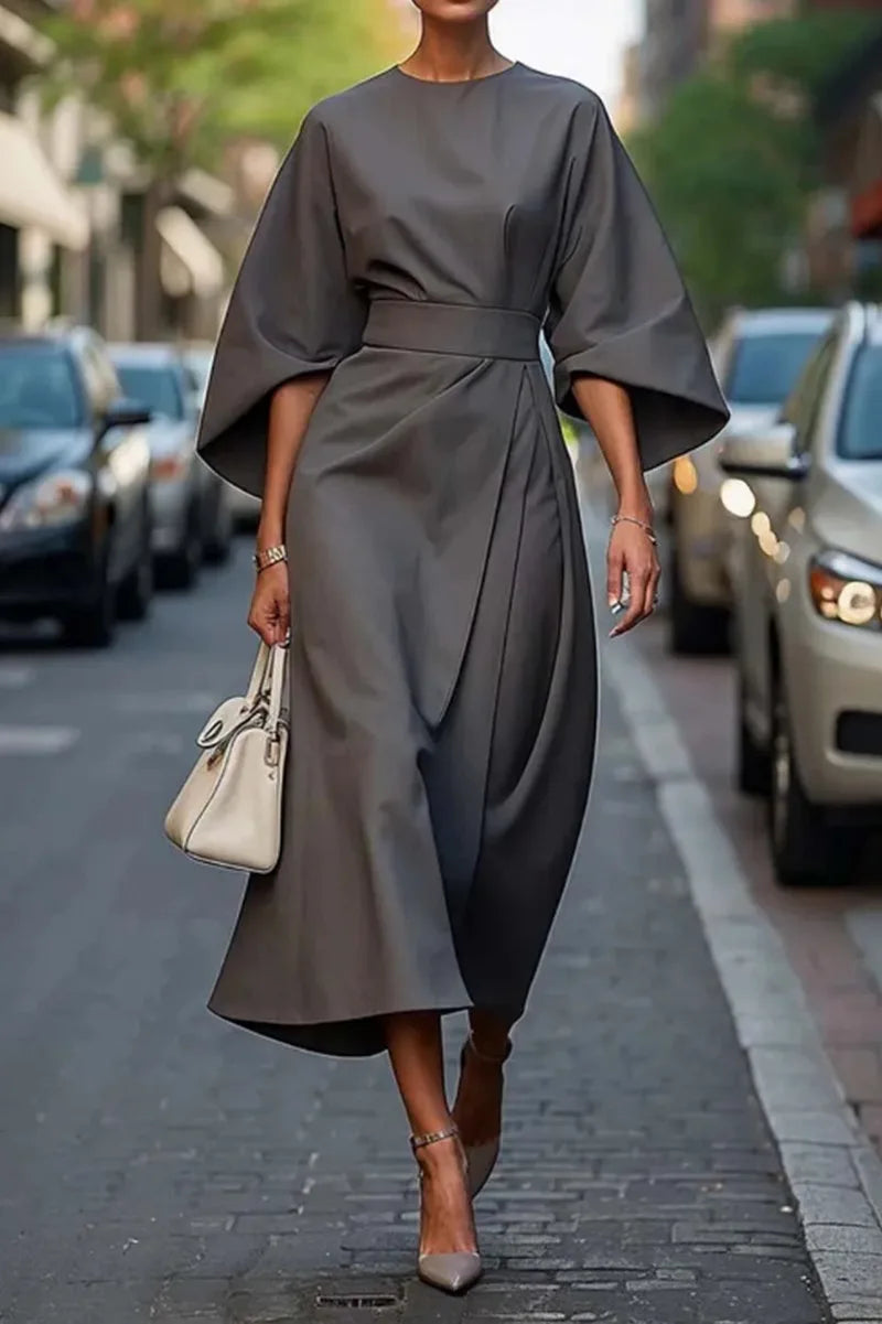2025 Women's Fashion Temperament Elegant Solid Color Waist Dress Casual Bat Sleeve Long Skirt Vestidos De Mujer