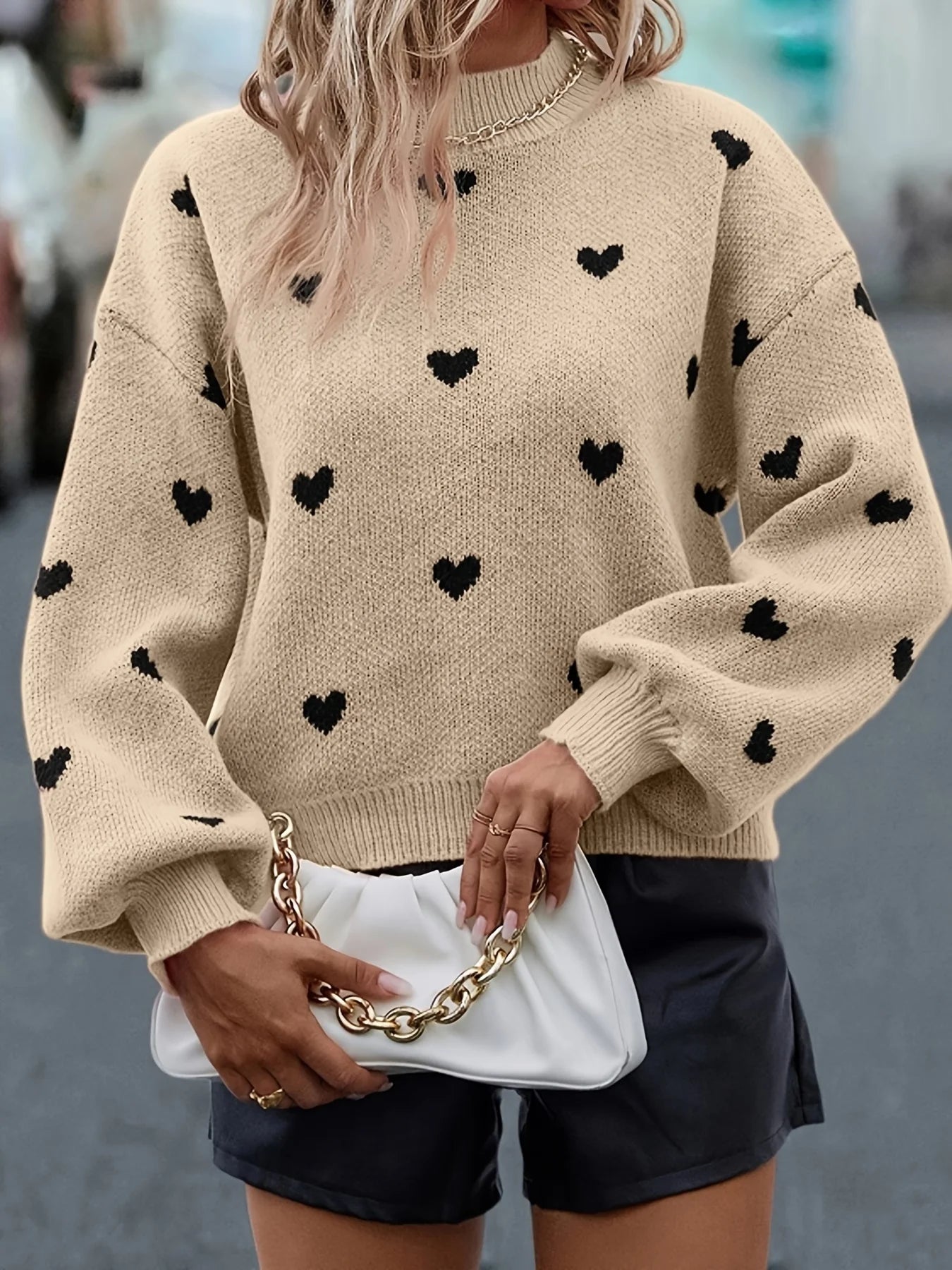Cute Black Heart Graphic Sweater Drop Shoulder Long Sleeve Casual Sweater For Fall  Winter  Women's Clothing