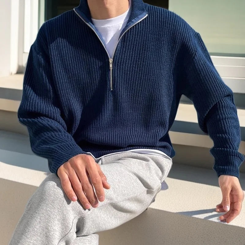 American Fashion Brand Design Korean Style Stand Collar Half Zipper Sweater Men's Temperament Versatile Knitted Sweater