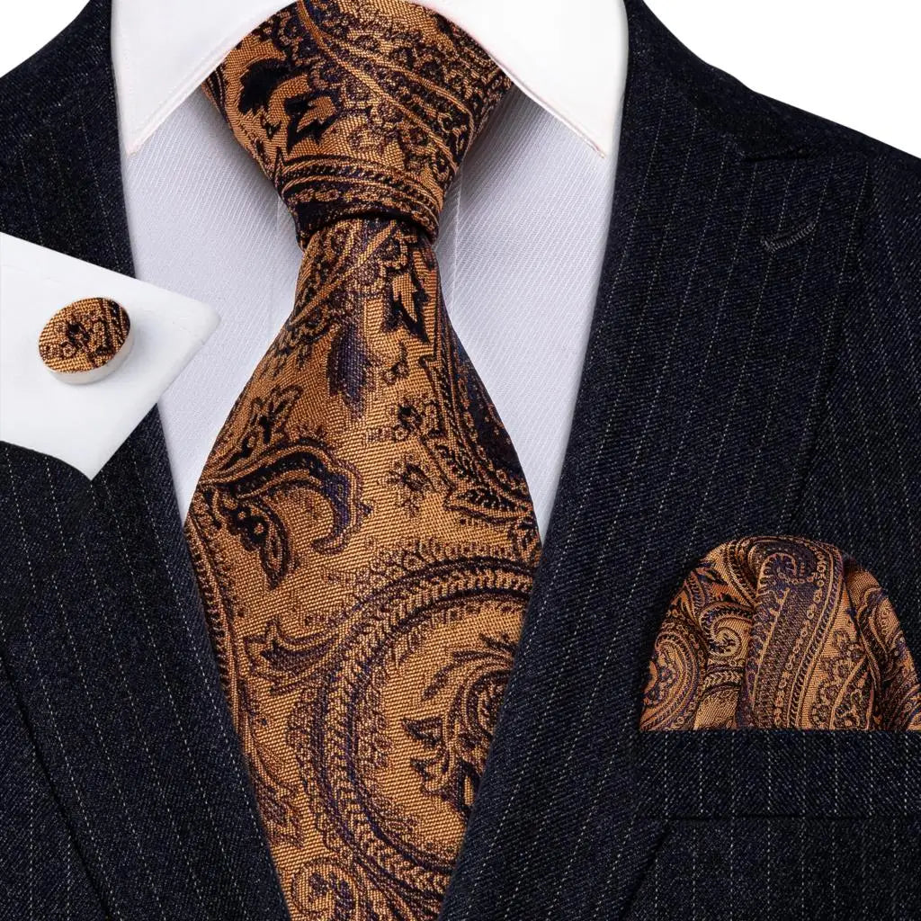 Barry.Wang Orange Brown Silk Mens Tie Hanky Cufflinks Set Gold Coffee Jacquard Designer Necktie For Male Wedding Business Party