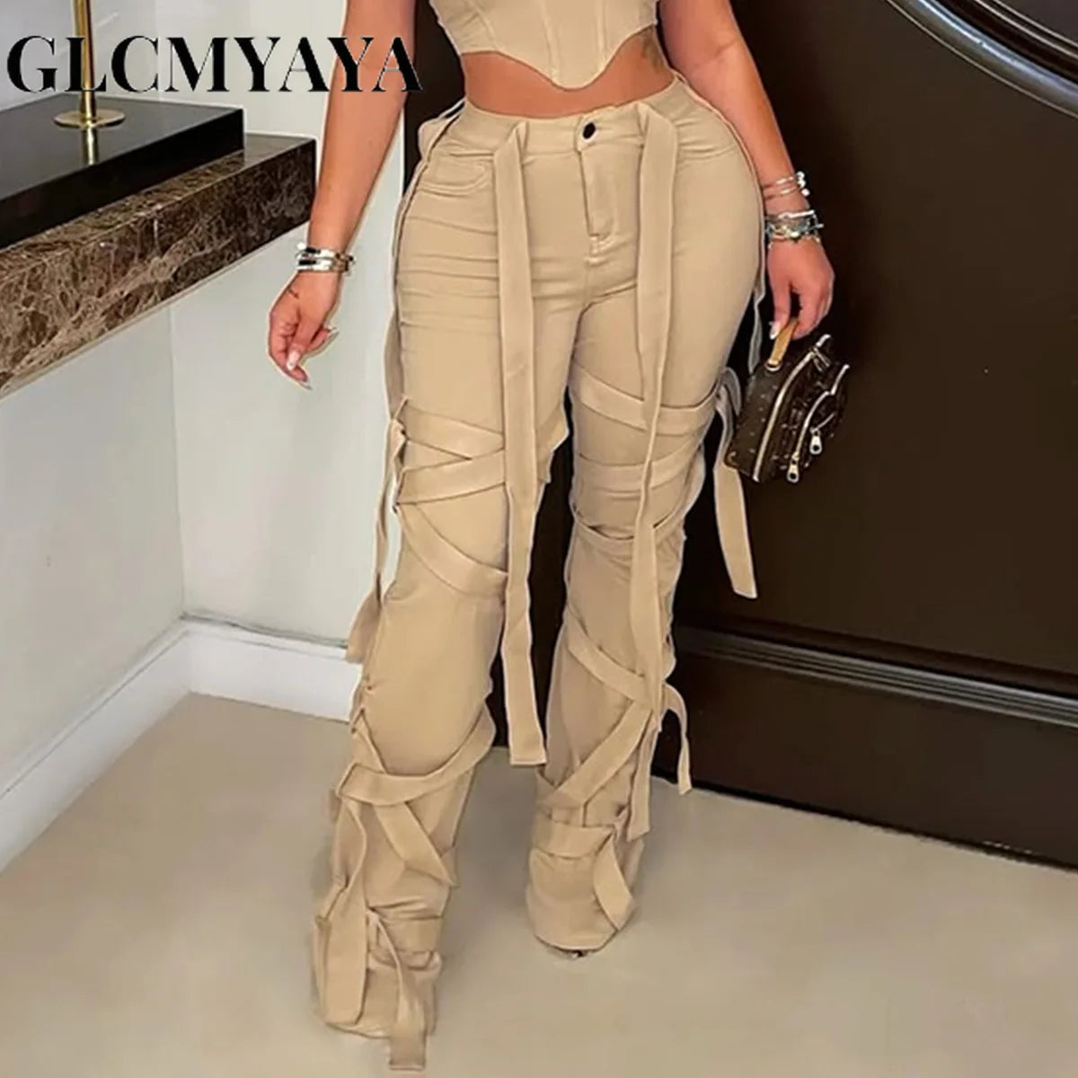 CM.YAYA Active Women High Waist Straight Mult Ribbon Long Pants 2025 Fall Casual Cargo Sweatpants Streetwear Classic Trousers
