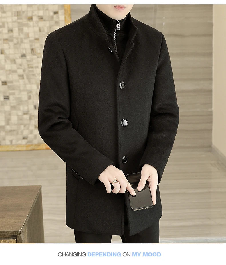 Men's Long Wool Coat High Quality Trendy Fashion Handsome Solid Color Wool Trench Coat with Removable Thickened down Inner Liner