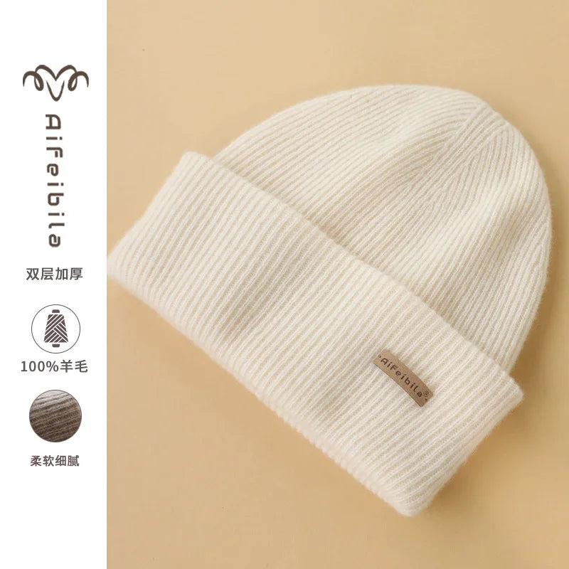 100% Merino Wool Double-Sided Beanie for Men Women Thick Soft Warm Winter Skull Caps Solid Color Knitted Beanies Hat