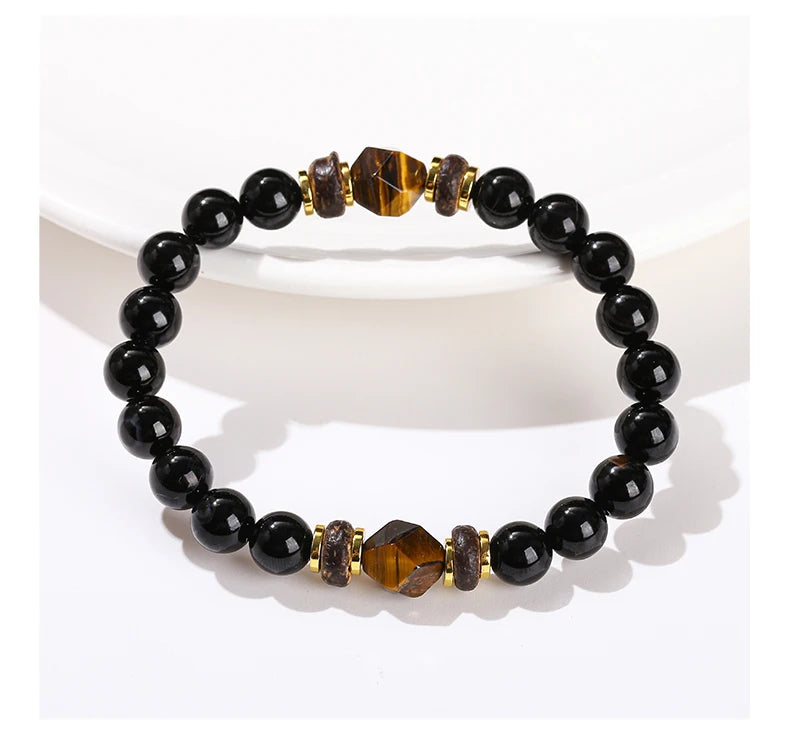 JD Natural Stone Black Agate Yellow Tiger Eye Faceted Bead Strand Bracelet Women Men Bohe Style Yoga Healing Energy Jewelry