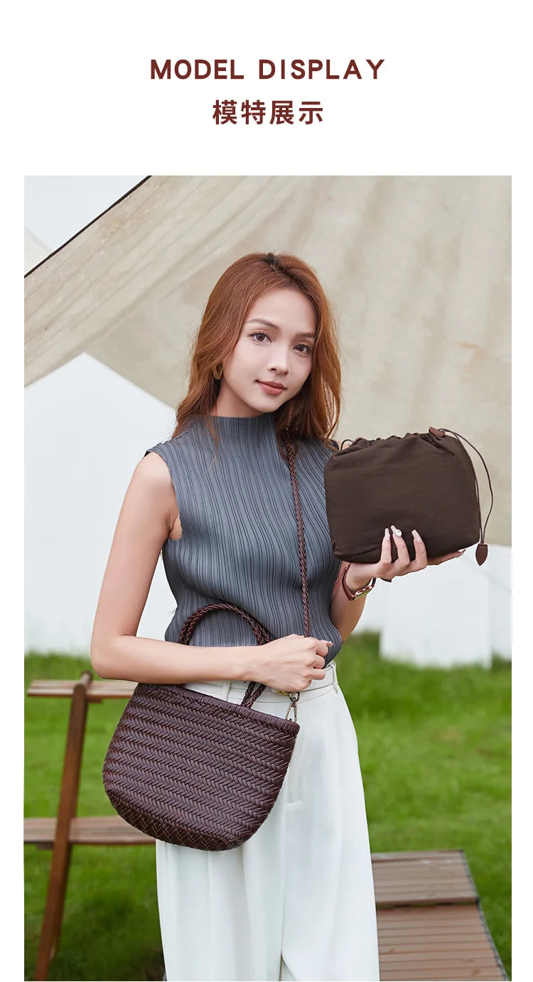 2026 spring new braid bag French basket bag Vintage Boho Gypsy Aztec Ibiza Genuine Leather Messenger Bag  female ins style