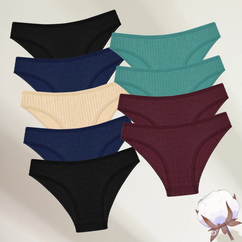 FINETOO 9PCS/SET Cotton Striped Underwear Women's Panties Sexy Soft Solid Color Briefs Female Comfortable Stretch Lingerie M-XL