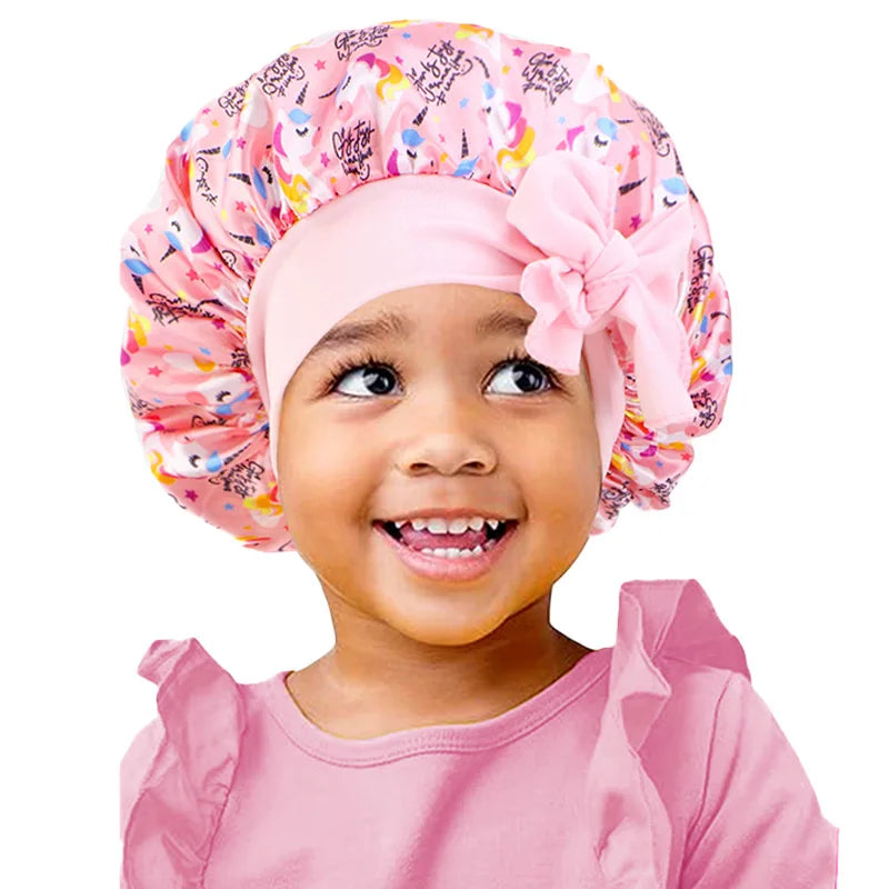 Adjustable Silky Satin Cap  Cartoon Baby Kids Print Satin Bonnet Sleep Hat Cap for Curly Hair
