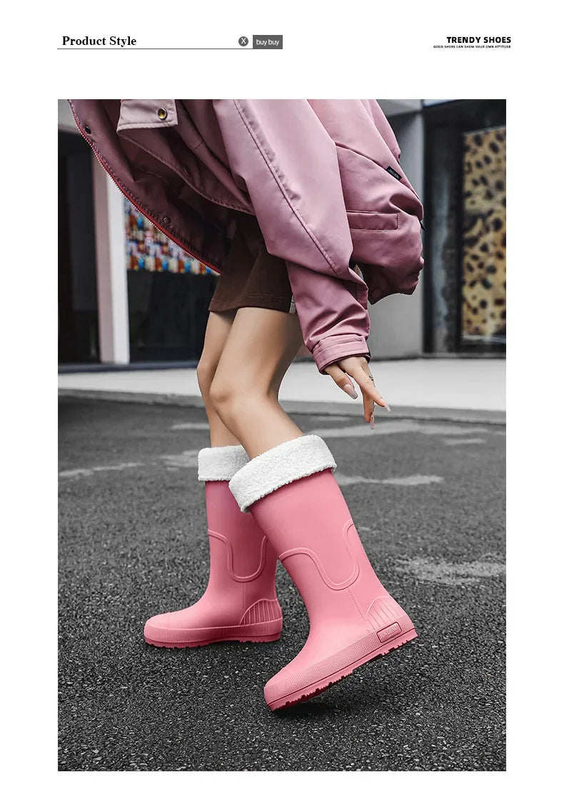 Women's High-Top Rain Boots Spring Autumn Waterproof Slip-Resistant Long Tube Shoes for Outdoor Work PVC Material Knee-High