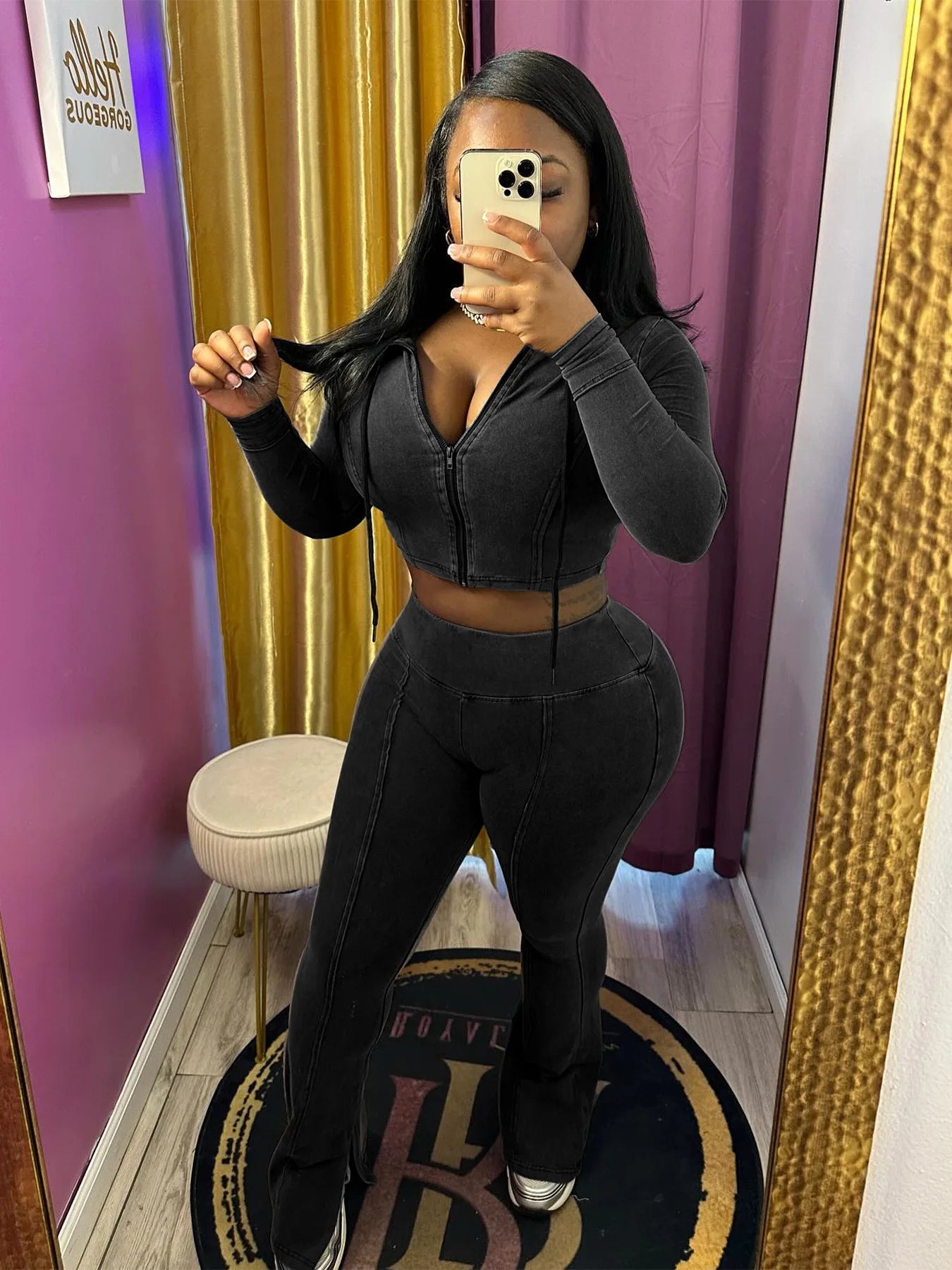 CM.YAYA Fashion Women's Set Long Sleeve Hooded Jacket and Slit Hem Flare Pants 2024 Fitness Two 2 Piece Set Outfits Tracksuit
