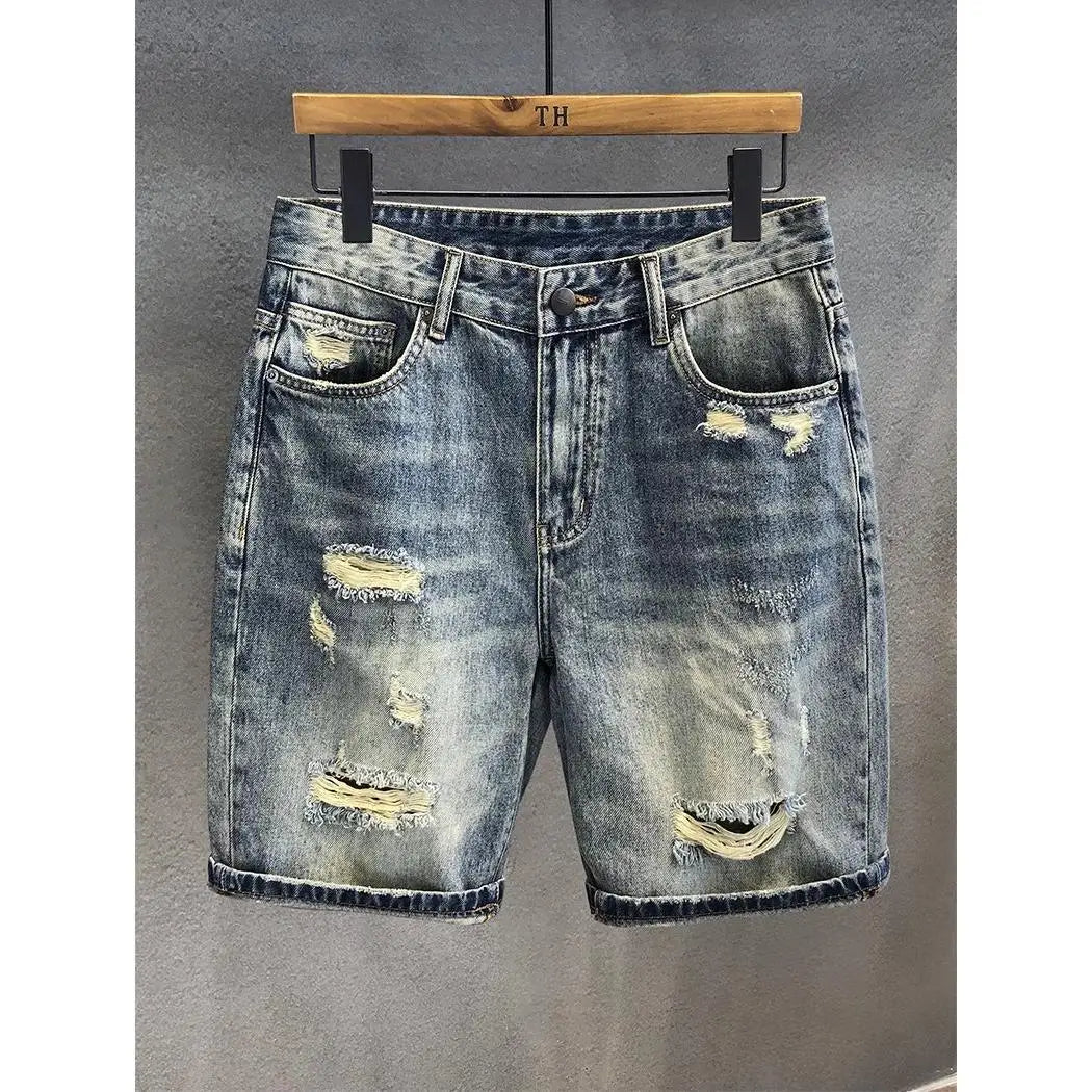 Summer 2025 Trend Ripped Denim Shorts Boys Handsome Retro Casual Five-point Pants Korean Trendy Mens Denim Short Jeans for Men