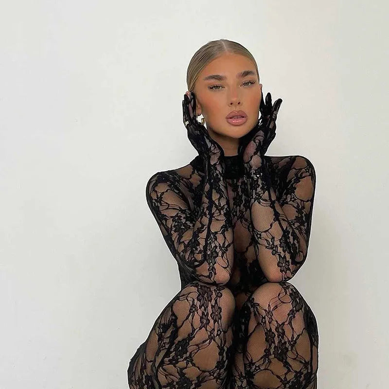 Mesh Sheer Hollow Out Long Sleeve Sexy See Through Skinny Exotic Jumpsuit Bodycon Summer Women Outfit Night Party with Gloves