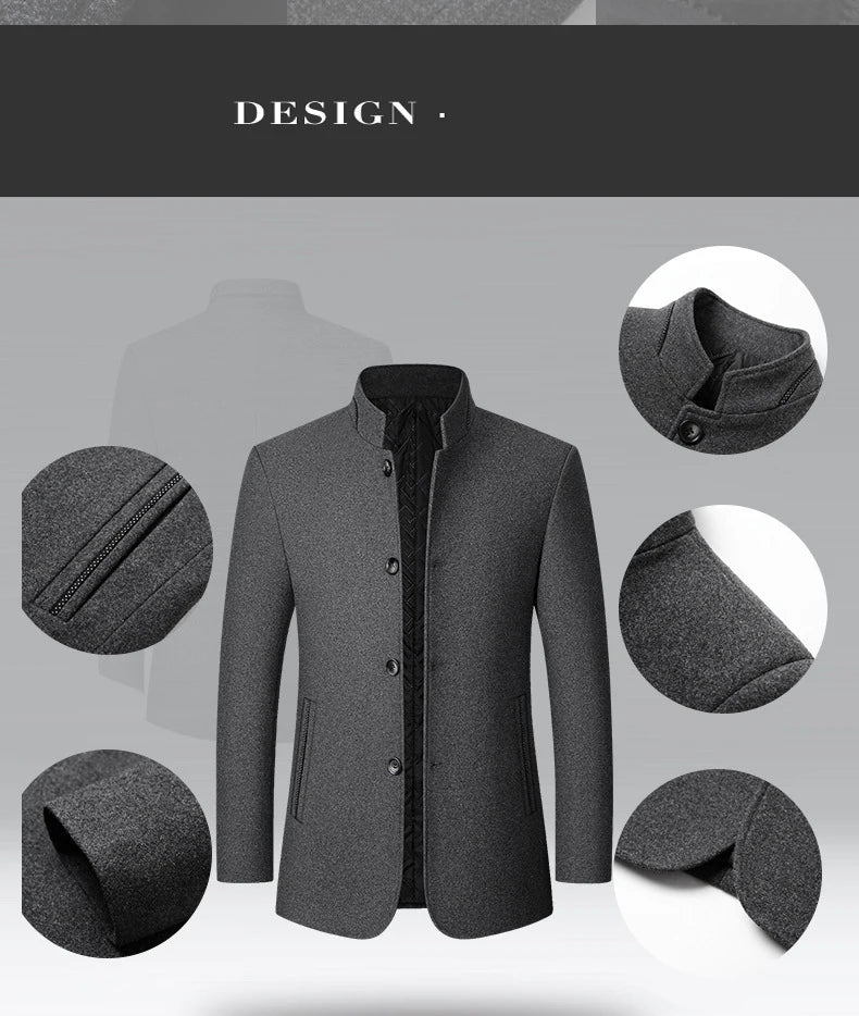 BROWON Brand Winter Coat Men Chinese Style Stand Collar Solid Coats for Men 2025 Autumn and Winter Business Casual Woolen Jacket