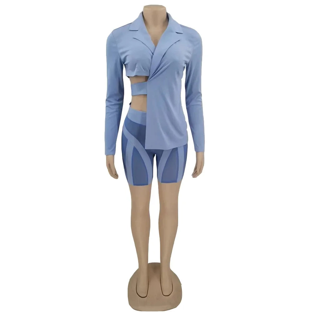 ANJAMANOR Two Piece Club Outfits Women Sexy Asymmetric Blazer and Mesh Shorts Leggings Matching Sets Fall 2023 D58-ED25