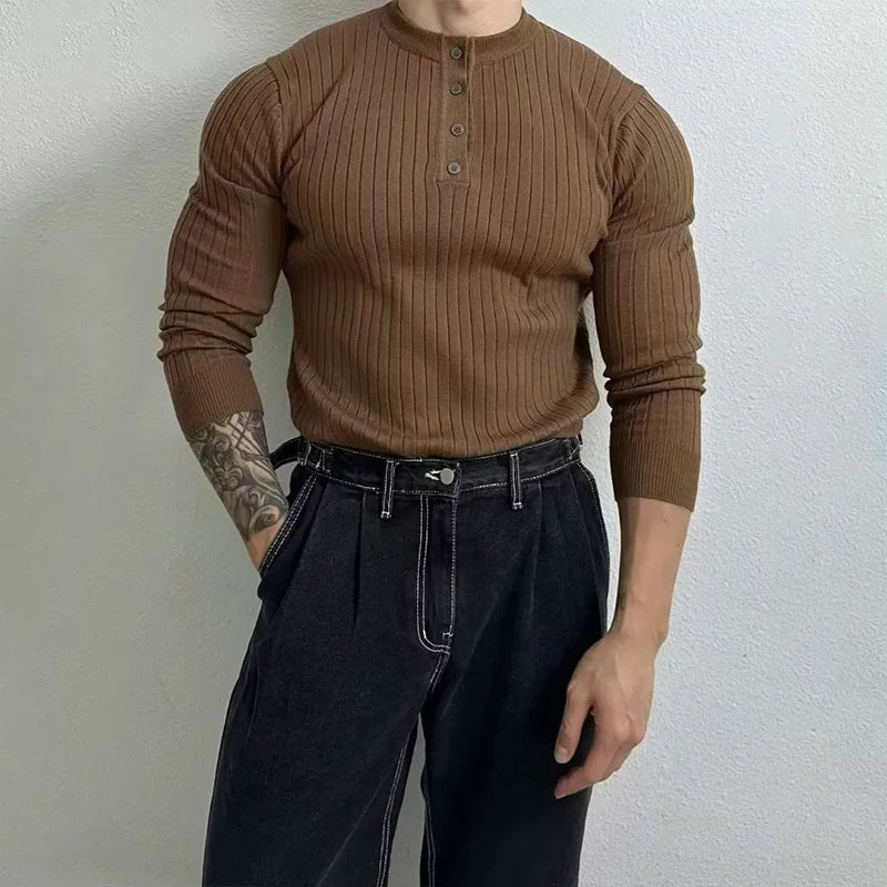 Autumn Clothing Men's Light Luxury Knit Korean Popular Henry Collar T-shirt Button-down Long Sleeve Retro Leisure Knitwear
