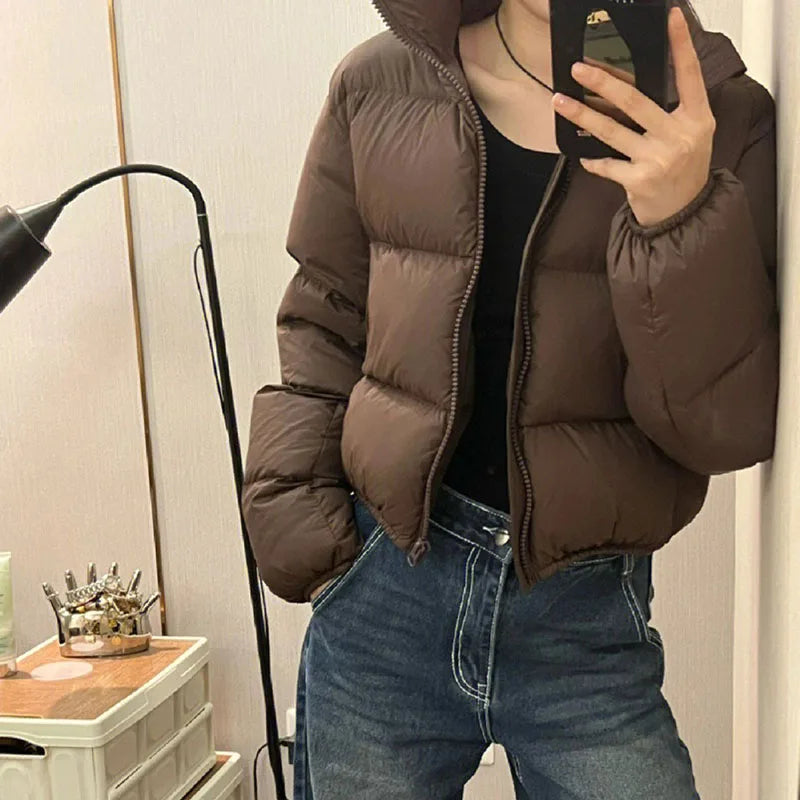 Casual Cropped Parkas for Women Winter New Loose Stand Collar Thick Warm Quilted Jacket Versatile Zipper Long Sleeve Bread Coat