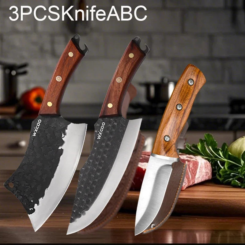Kitchen Knife Supplies Forged Butcher Knife Fruit Slicing Bottle Opener Knife Multipurpose BBQ Cooking Chef Knife Wood Handle