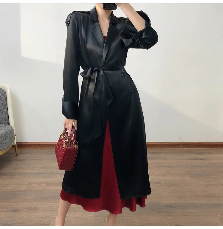 Lautaro Spring Autumn Long Soft Luxury Elegant Flowy Satin Acetate Trench Coat for Women High Quality Chic British Fashion 2022
