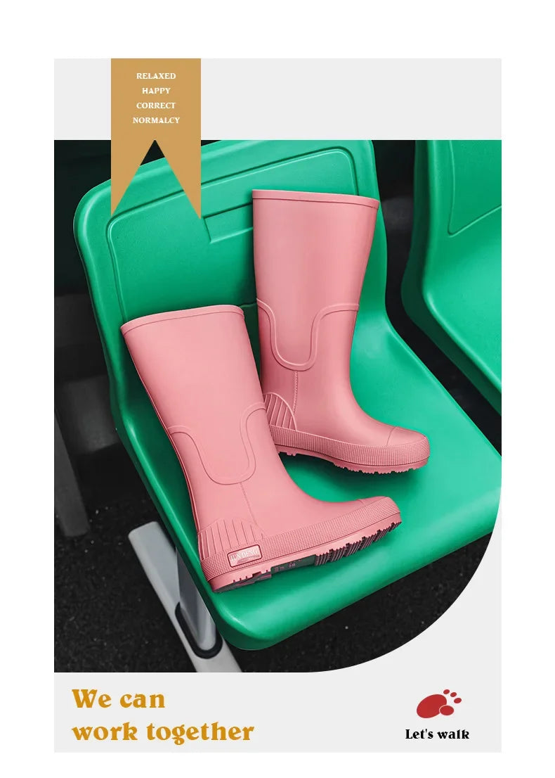 Women's High-Top Rain Boots Spring Autumn Waterproof Slip-Resistant Long Tube Shoes for Outdoor Work PVC Material Knee-High