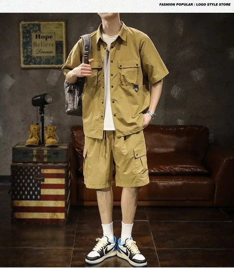 Trendy Cargo Summer Clothes Set Men Short Sleeve Shirt with Pockets And Shorts Solid Casual Safari Outdoor Outfits