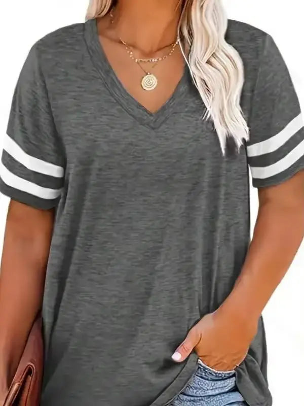 Women Fashion Plus Size V-neck Summer Color Blocked  T-shirt Summer Loose Top Short Sleeved Casual T-shirt 1XL-8XL