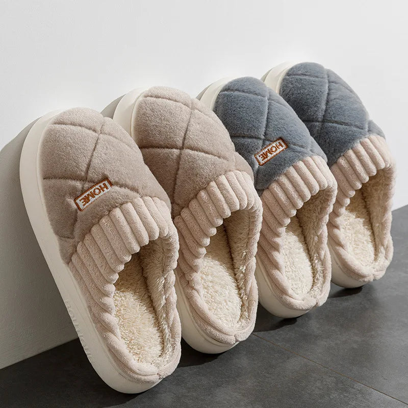 Home Couple Slippers Autumn Winter Warm Anti-slip Indoor Plush Soft Shoes Comfortable Cotton Thicken Sleeping Slippers Woman Men