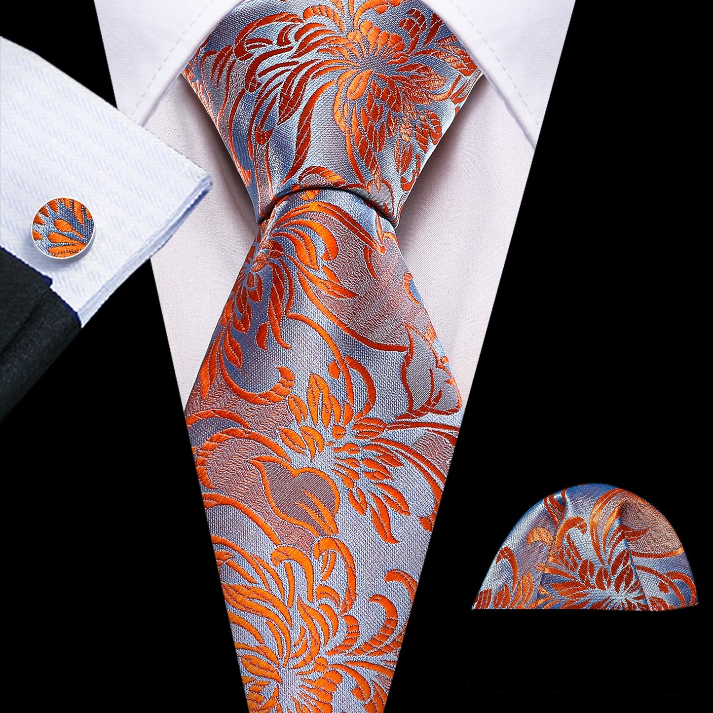 Barry.Wang Orange Brown Silk Mens Tie Hanky Cufflinks Set Gold Coffee Jacquard Designer Necktie For Male Wedding Business Party