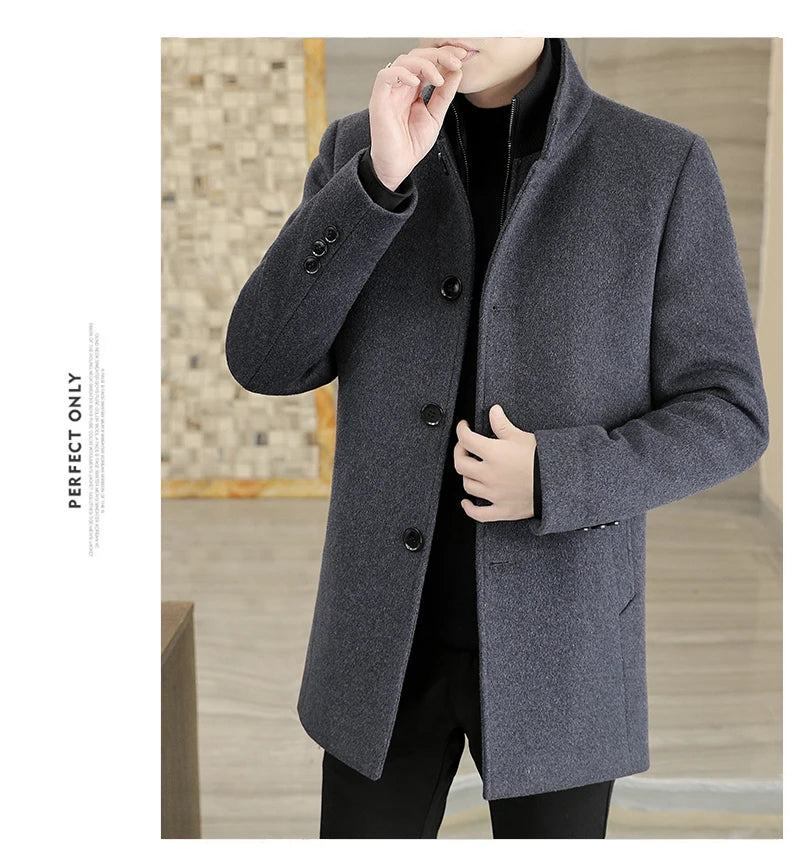 Men's Long Wool Coat High Quality Trendy Fashion Handsome Solid Color Wool Trench Coat with Removable Thickened down Inner Liner