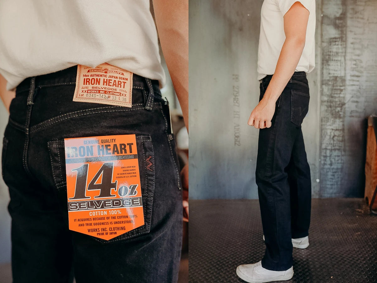 IRON HEART Indigo-Sulfide Black 634s Double Dyed 14oz Denim Jeans, One Wash