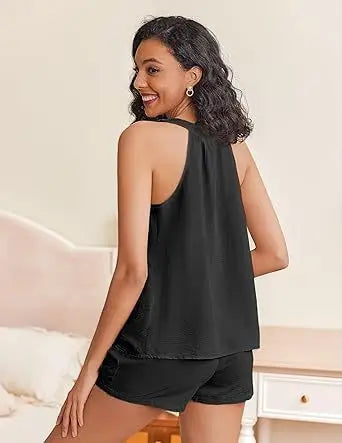 New Summer Women's 2-piece Set Pink V-neck Vest Elastic Pocket White Stylish Black Shorts Set
