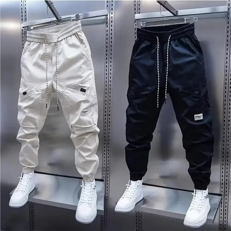 2024 Men's Autumn New Casual Pants Solid Color Elastic Waist Ankle Length Versatile Korean Style Fashionable Small Foot Cargo Pa