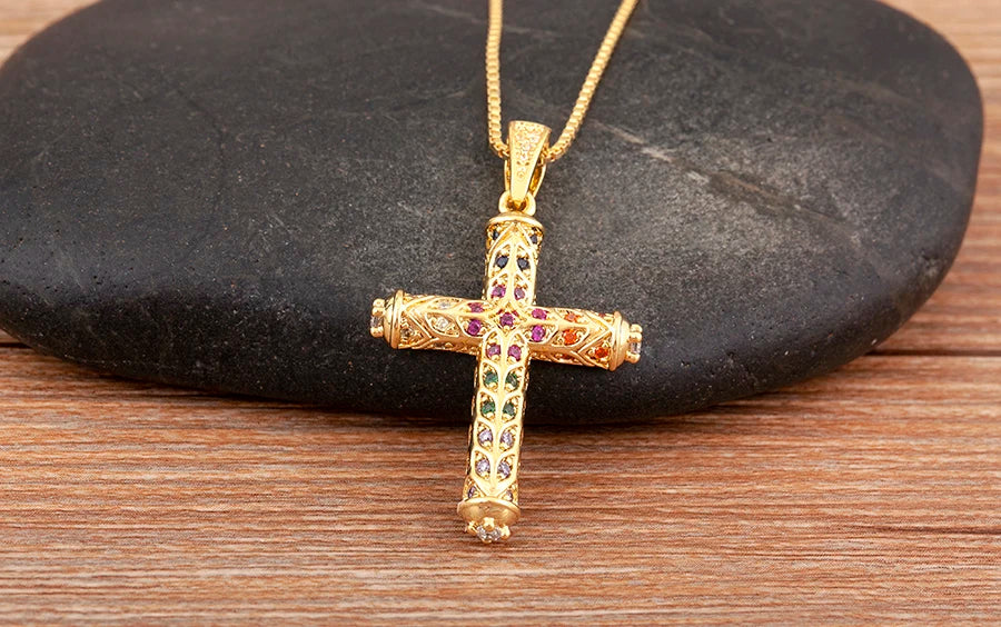 Nidin New Arrival Retro Column Shape Cross Pendant Necklace For Female Male Irregular Geometric Shine Zircon Jewelry Accessories