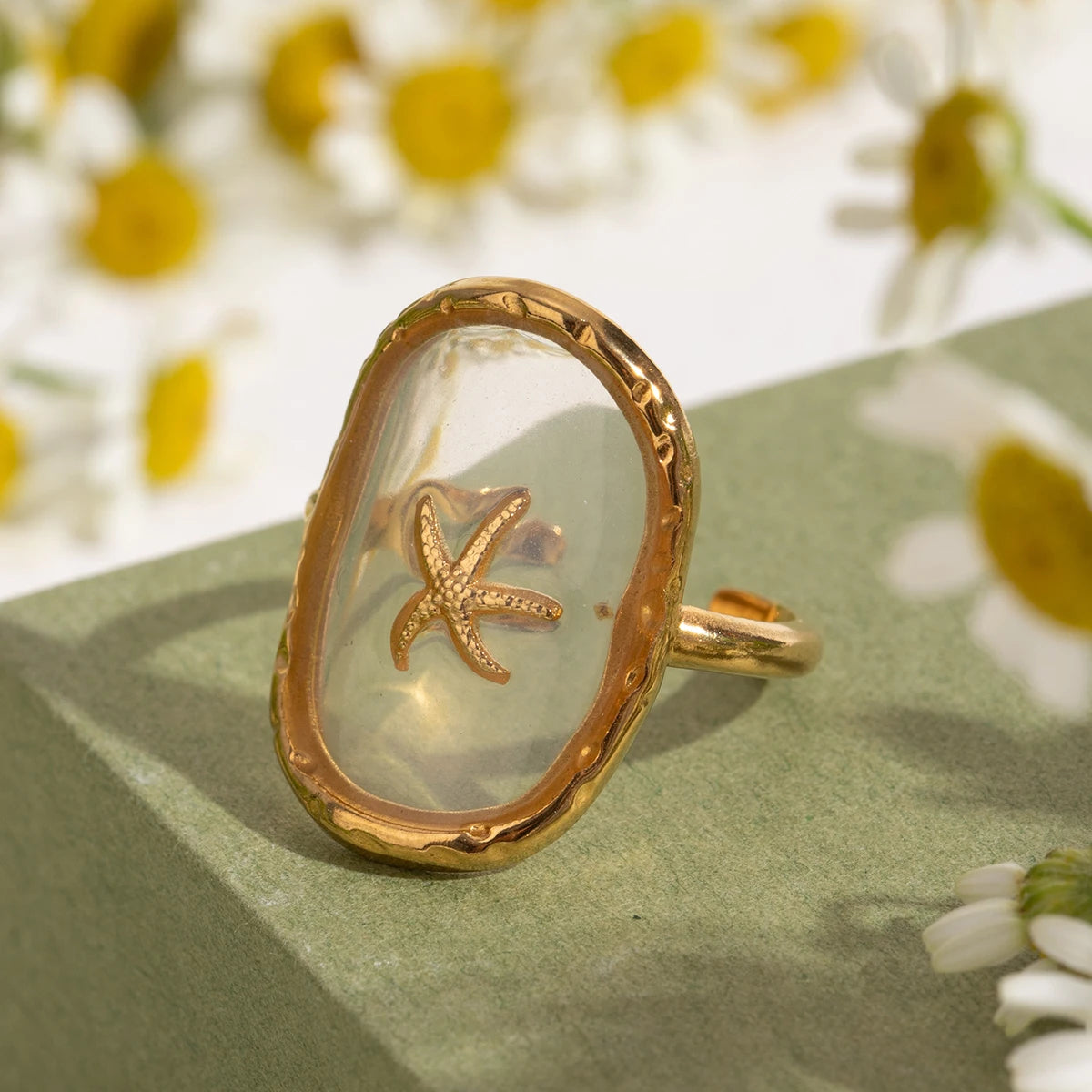 Oval Starfish 18K Gold Plated Stainless Steel Hammer Pattern Ocean Wind Open Ring Women Anti Allergic Charm Daily Jewelry