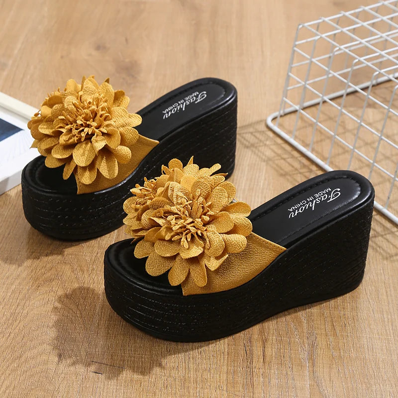 2025 Wedges Sandals Women Slippers Summer Beach Platform Shoes Flower Slippers Women High Heel Slippers Women Fashion