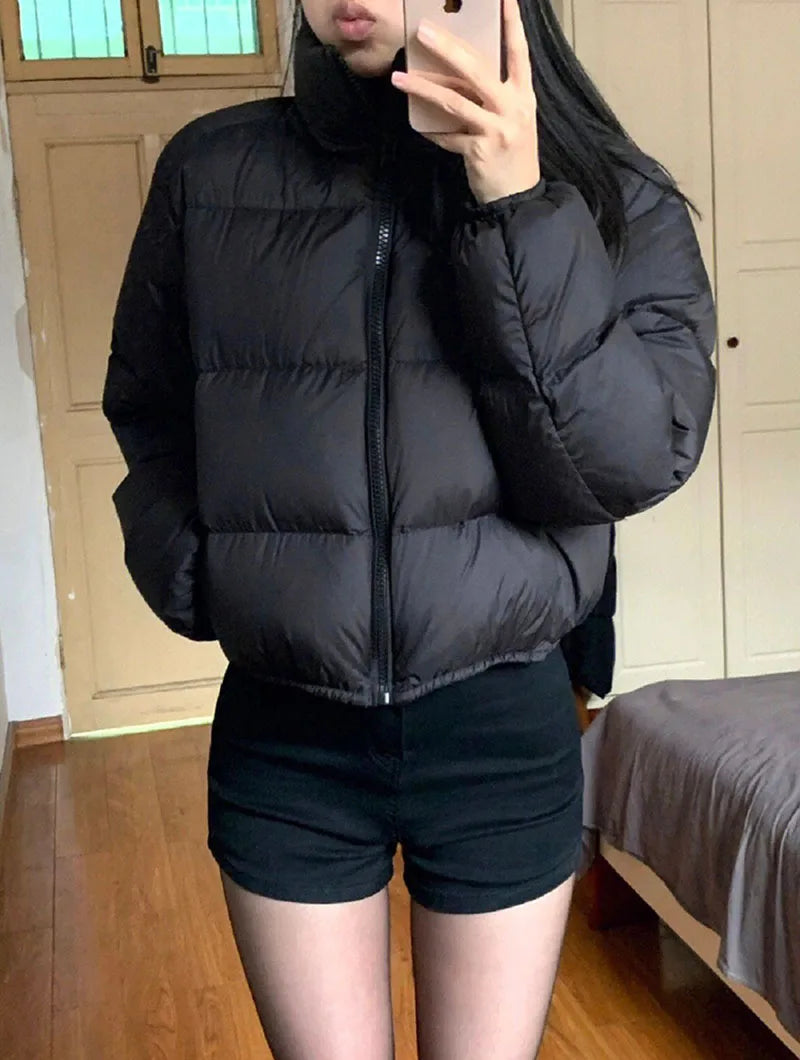 Casual Cropped Parkas for Women Winter New Loose Stand Collar Thick Warm Quilted Jacket Versatile Zipper Long Sleeve Bread Coat