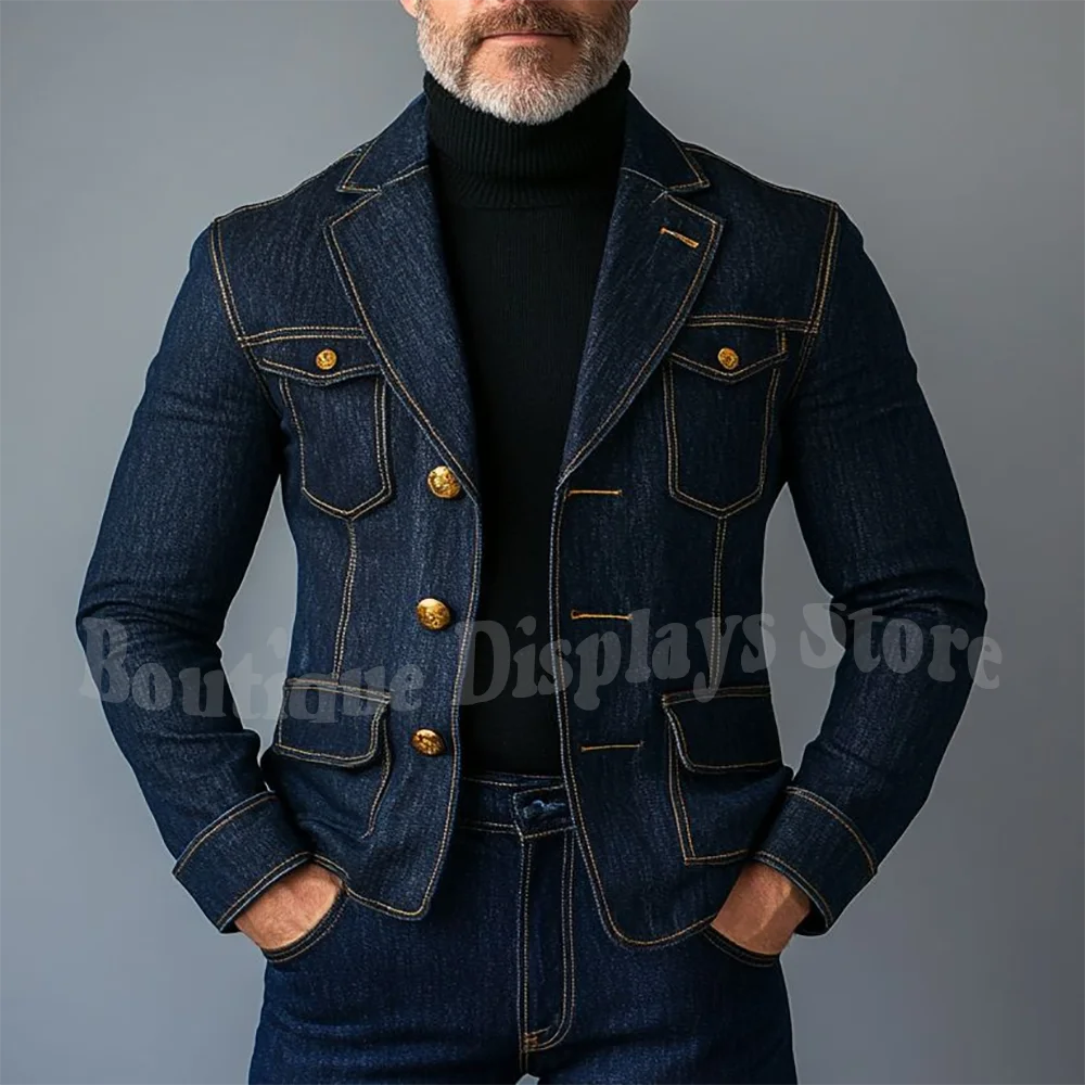 Fashion Denim Suits For Men Multi Pockets Peaked Lapel Elegant Outfit Single Breasted High Street Casual Party Prom Sets