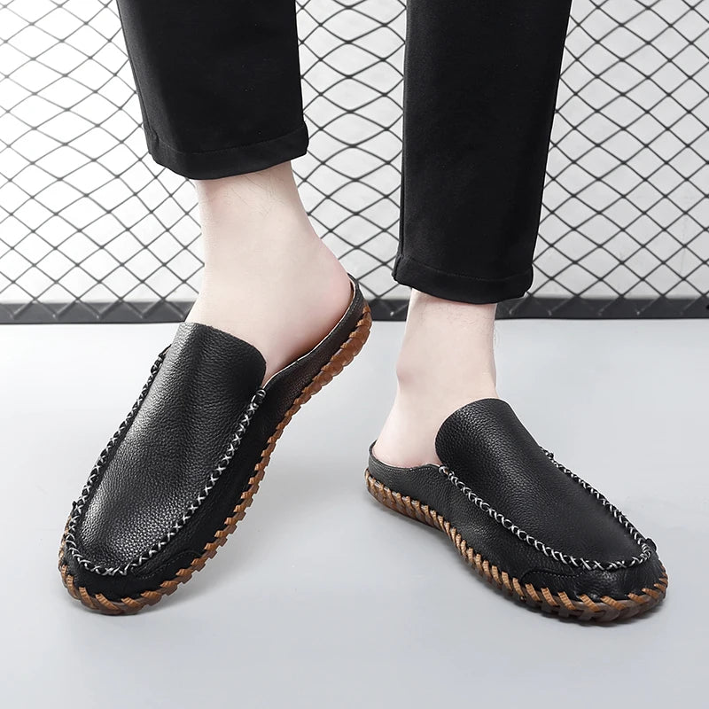 Plus Size 38-48 Handmade Mules Mens Backless Loafers Slippers Half Shoes For Men Slide Closed Toe Sandals Semi-Drag Casual Shoes
