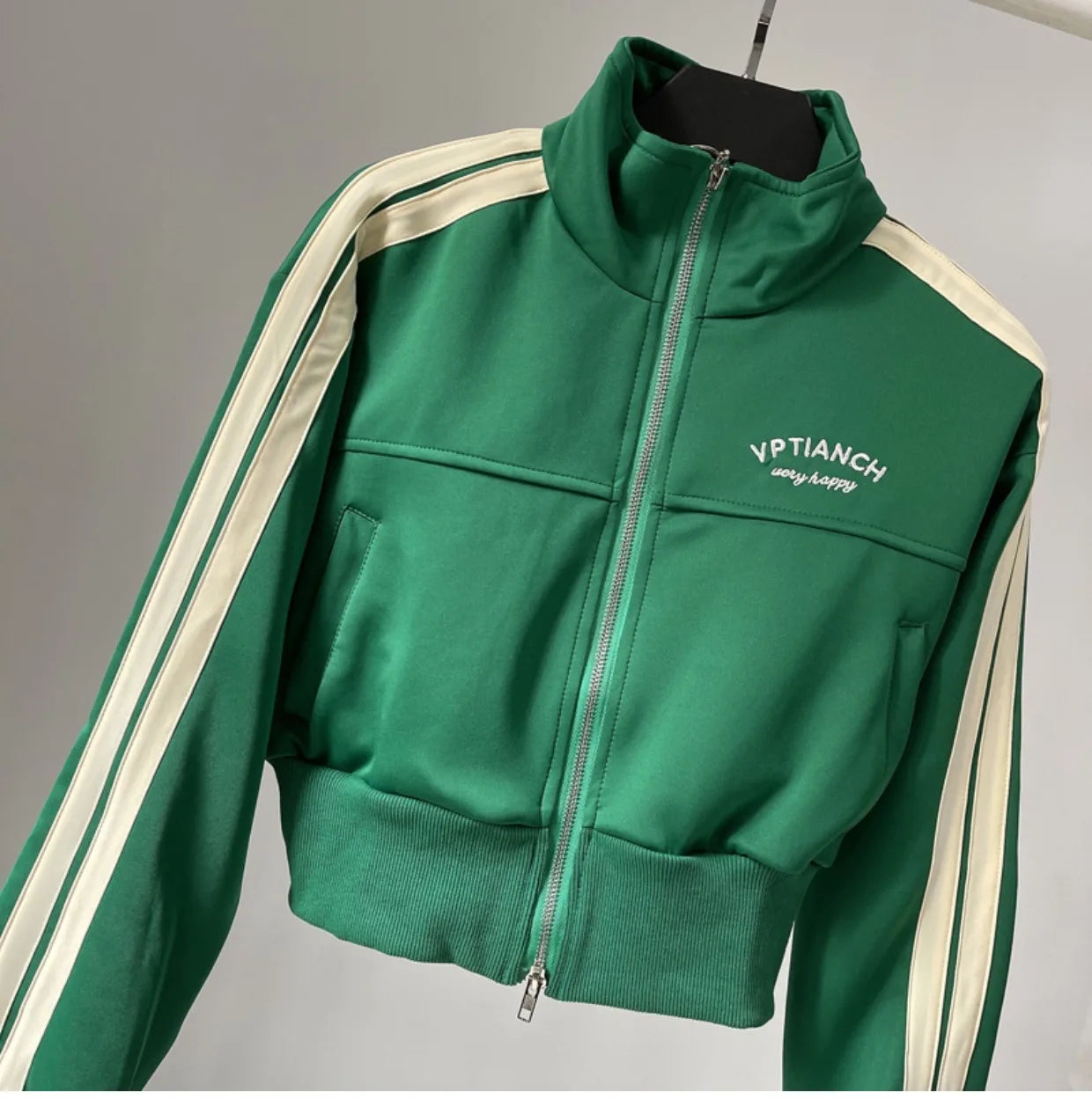 [YOZOU] Spring Double Zipper Baseball Cropped Jacket Women Outerwear Embroidered Striped Green Black White Blue Zip Up Coat
