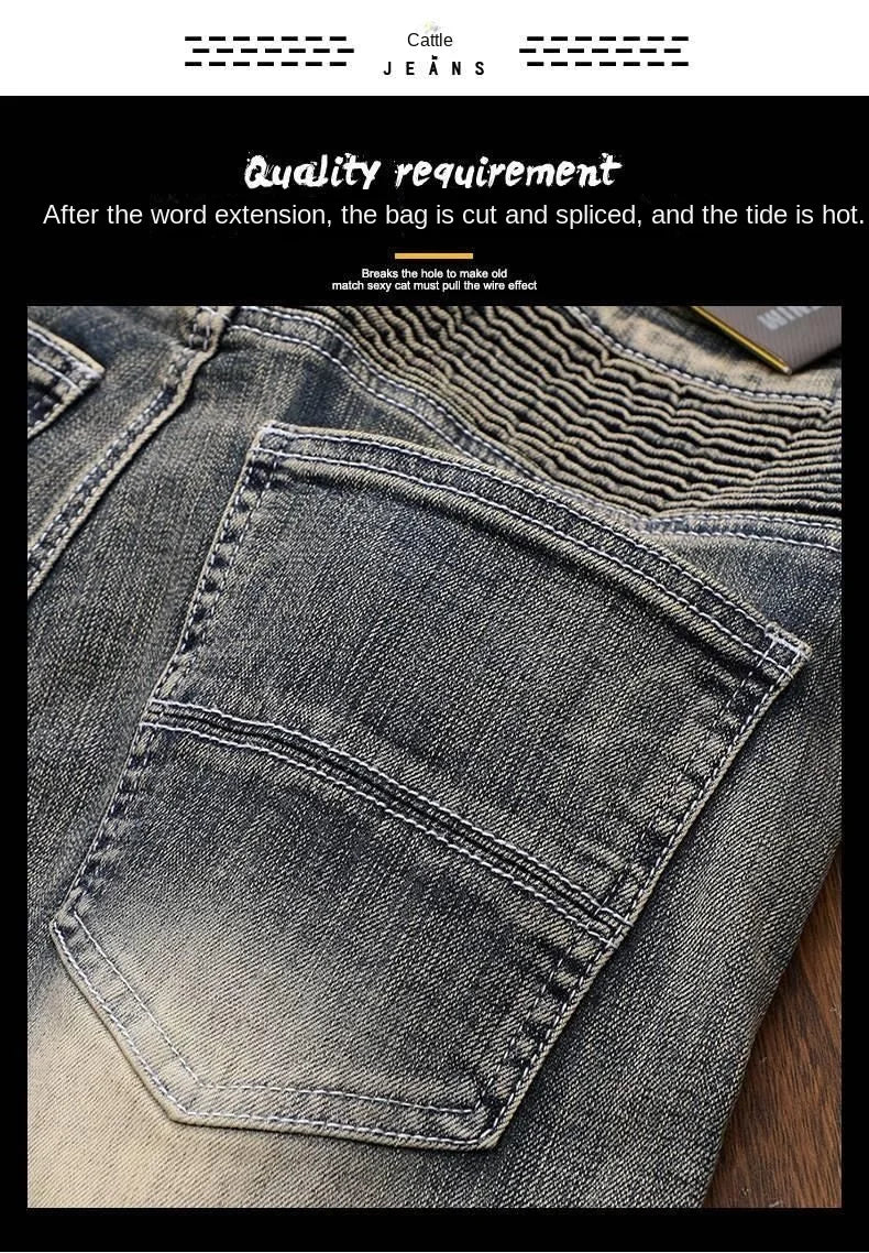 Luxury Men's Classic Jeans Straight Pants Autumn and Winter Retro Ripped Hole Denim Trousers Motorcycle Work Pants for Men