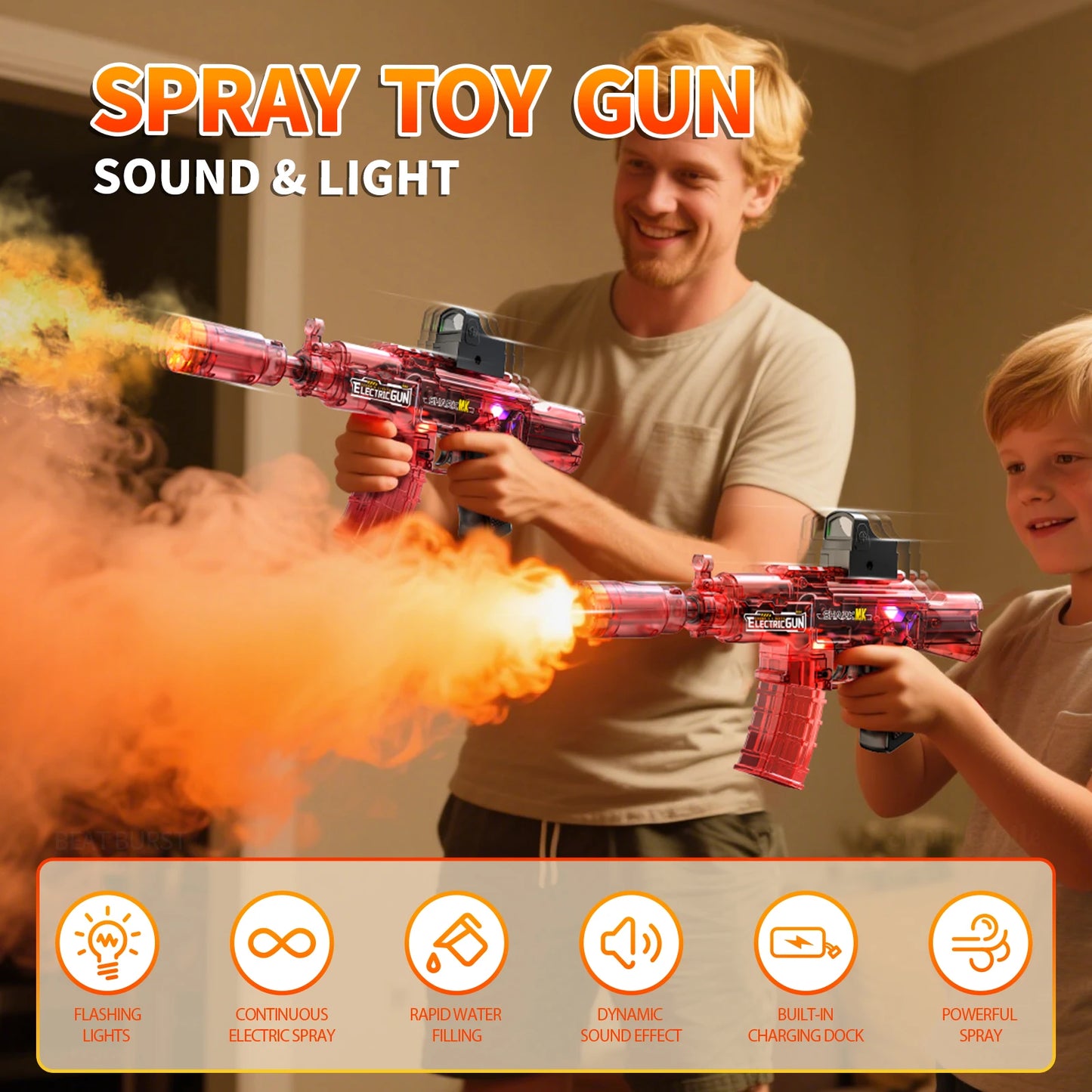 2025 Kids Hot Selling Electric Spray & Water Gun Simulates Sound Light Gun Toys Outdoor Activities Spray Vibration Gun Toys