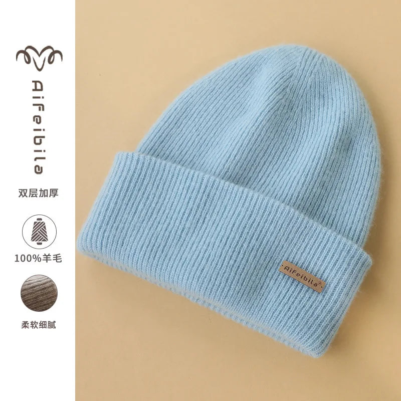 100% Merino Wool Double-Sided Beanie for Men Women Thick Soft Warm Winter Skull Caps Solid Color Knitted Beanies Hat