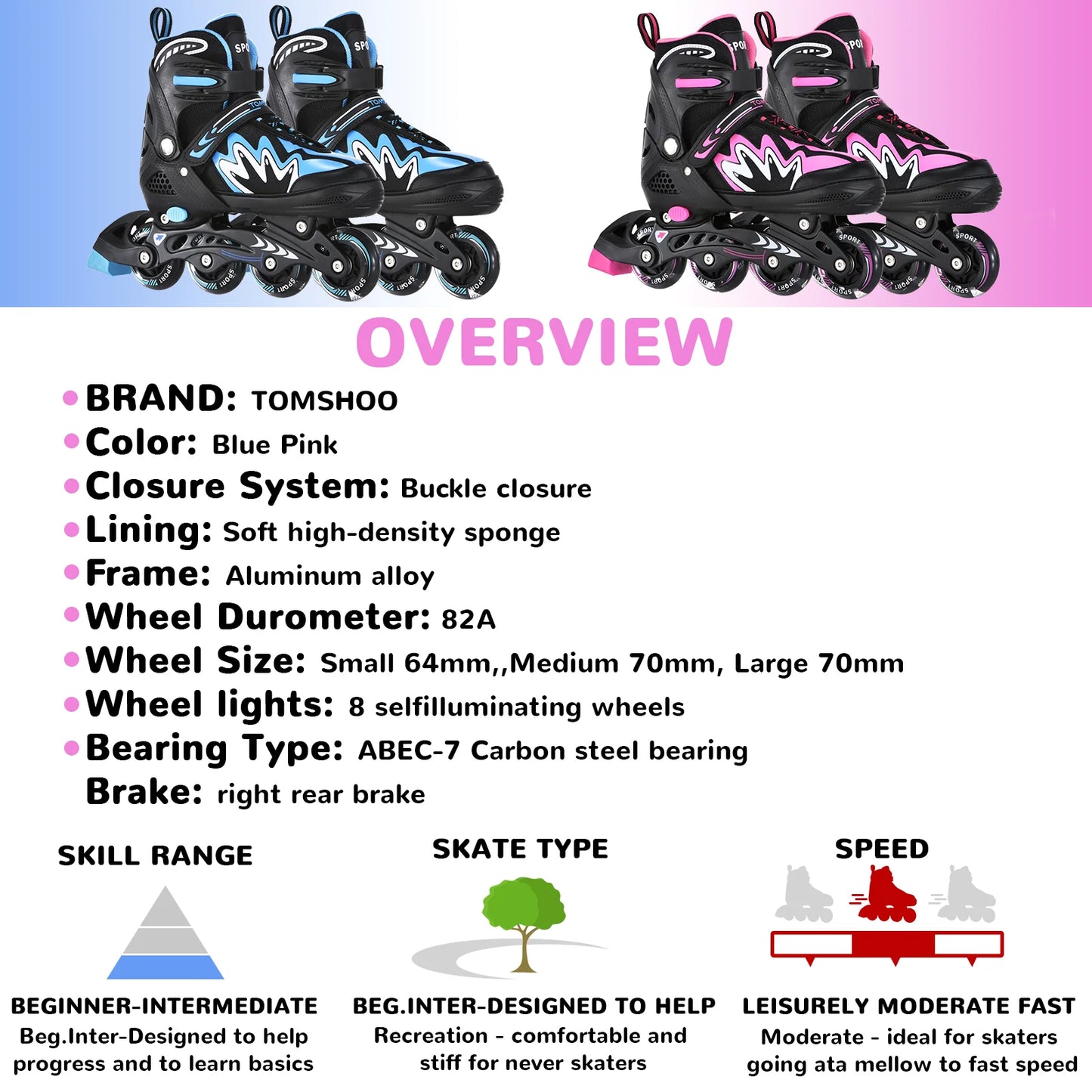 Tomshoo Roller Blades Kids Adjustable Roller Skates w Light-Up Wheels Secure Triple Girls Boys Toddler Smooth Quiet Rollerblades