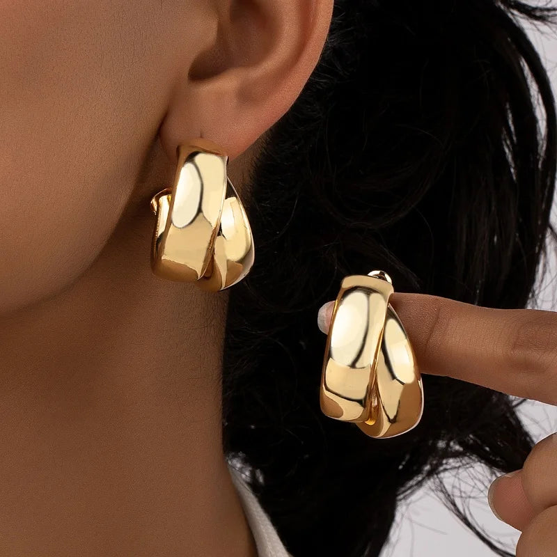C Shaped Chunky Hoop Earrings for Women Girls Gold Color Double Ring Thick Geometric Drop Earrings Statement Jewelry Gift