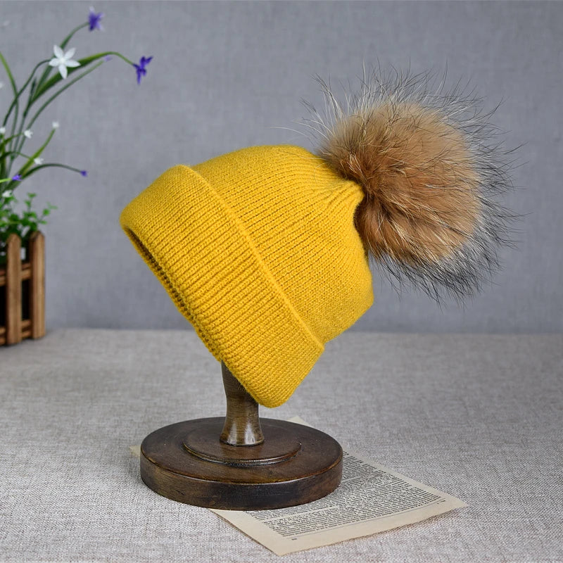 Hot selling autumn and winter parent-child woolen hats raccoon fur balls warm sleeves knitted hats trendy