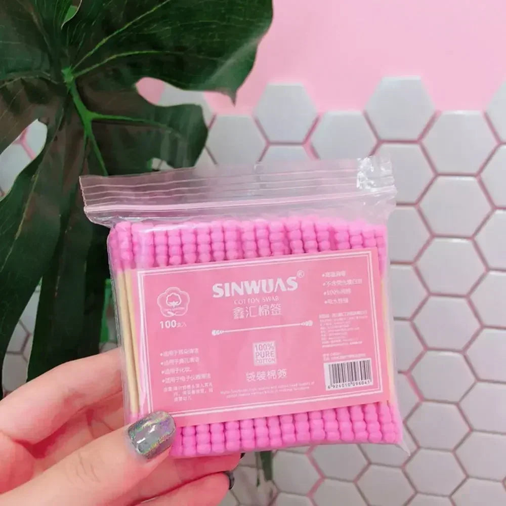 100-300Pcs Pink Double Head Cotton Swab Sticks Cotton Buds Tip for Medical Nose Ears Cleaning Accessories Female Make Up Remover