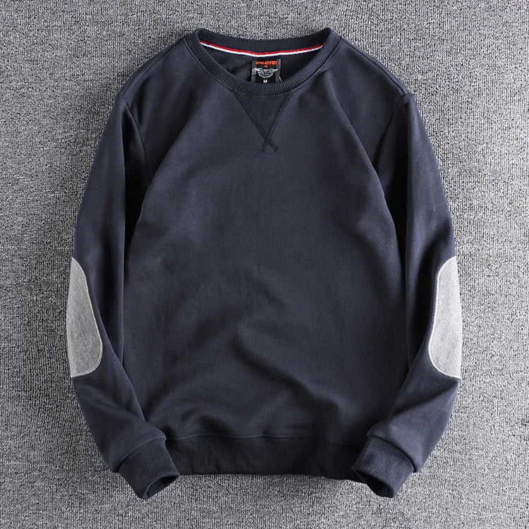 Spring New American Retro Sleeve Patch Solid Color Sweatshirt Men's Simple 100% Cotton Washed Pullover Loose Casual Sportwear
