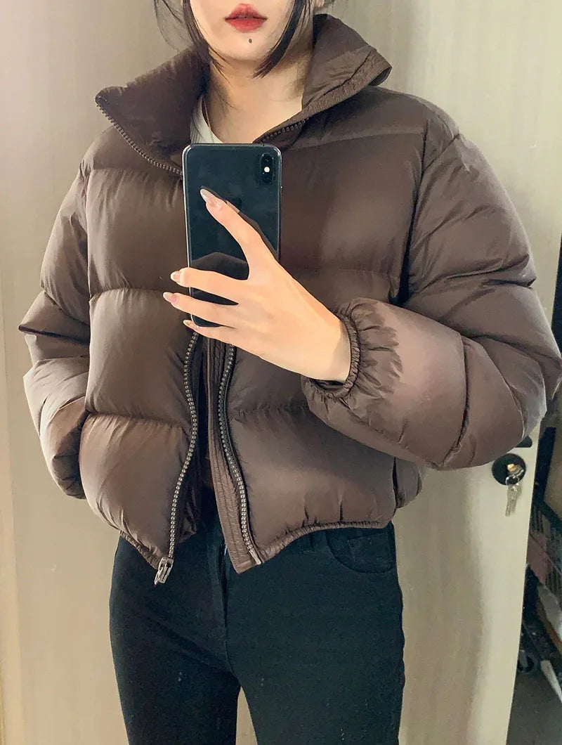 Casual Cropped Parkas for Women Winter New Loose Stand Collar Thick Warm Quilted Jacket Versatile Zipper Long Sleeve Bread Coat